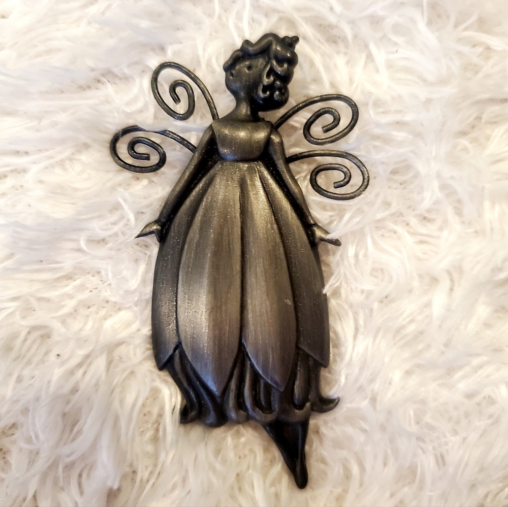 HALLMARK Pewter Fairy Brooch Long Flowy Dress Scroll Wings Rustic Whimsigoth